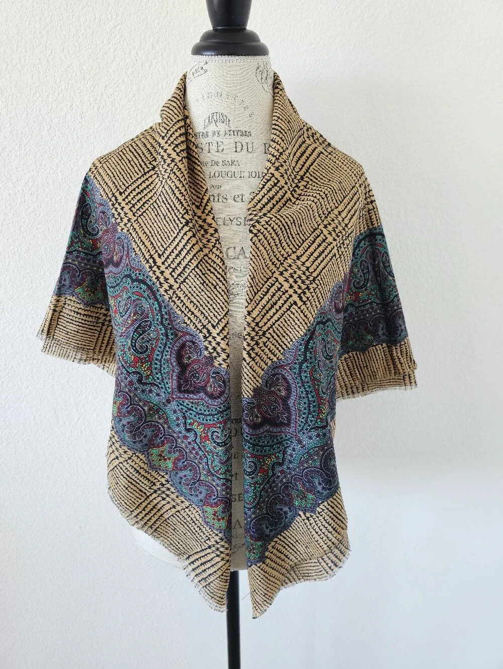Vintage Made in Italy Paisley & Geometric Grid Large Square Scarf (44